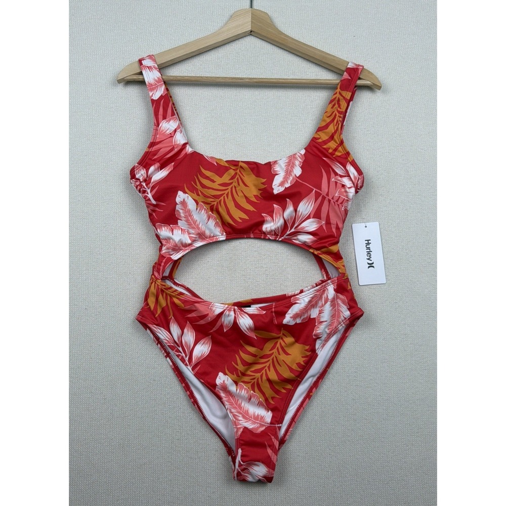 New Hurley Women's One Piece Cutout Monokini Swimsuit Size Medium Red Floral NWT